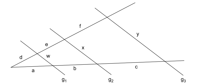 Geometrische Zeichnung mit Geraden und markierten Punkten/Abschnitten a bis g3